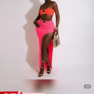 Sexy Women Fashion, Two Piece Set Strapless Crop Top, High Low Skirt Pink Orange